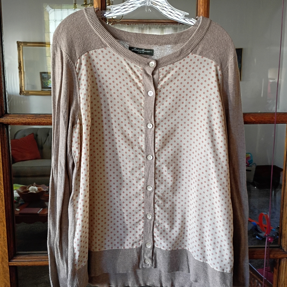 Women's Eddie Bauer Tan Cotton Cardigan Sweater, Size L, EUC
